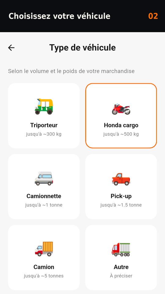 Choix du type de véhicule : triporteur, Honda cargo, camionnette, pick-up, camion